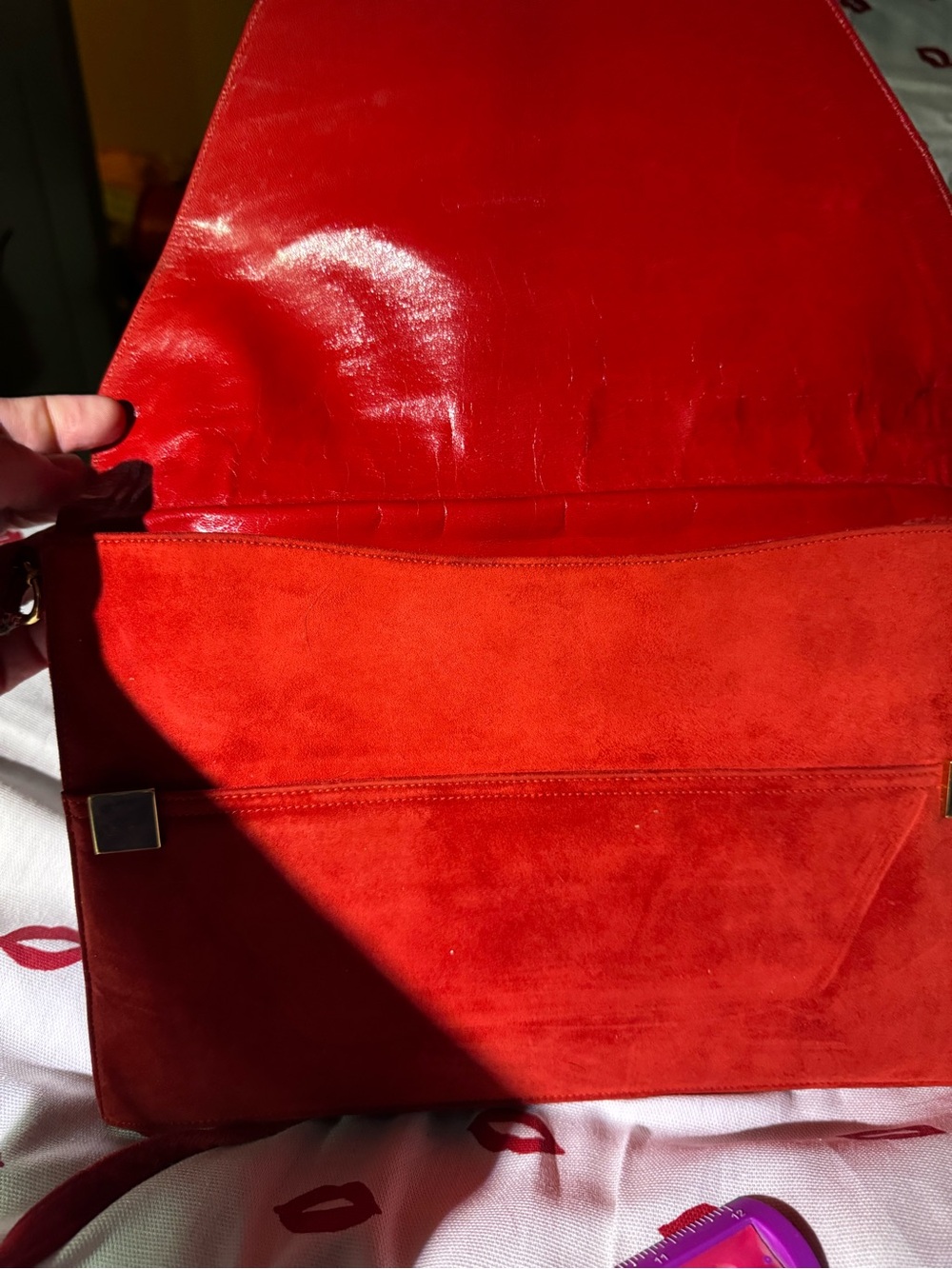 Vtg. Jay Hebert NYC Red Suede Envelope Bag great interior 80’s sheek glamcore - Picture 5 of 14